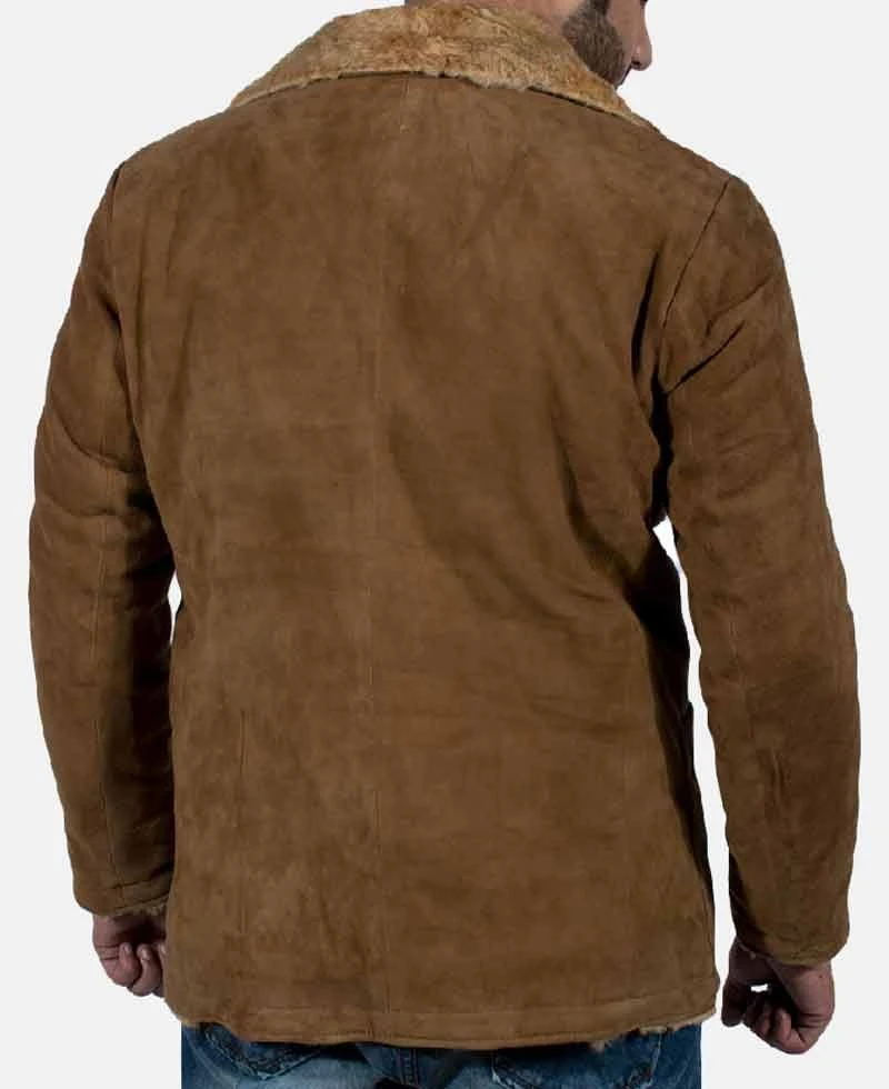 Men's Brown Suede Leather Jacket With Faux Fur - Image 6