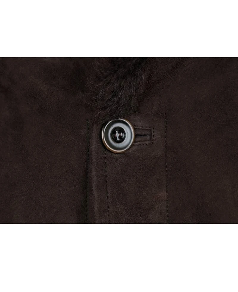 Men's Button Closure Brown Suede Shearling Coat With Fur Collar - Image 3