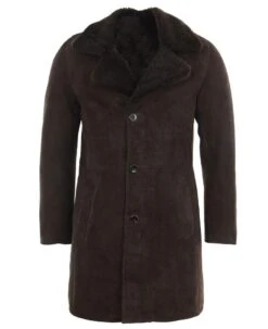 Men's Button Closure Brown Suede Shearling Coat With Fur Collar