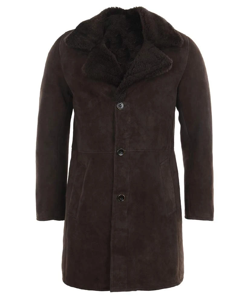 Men's Button Closure Brown Suede Shearling Coat With Fur Collar