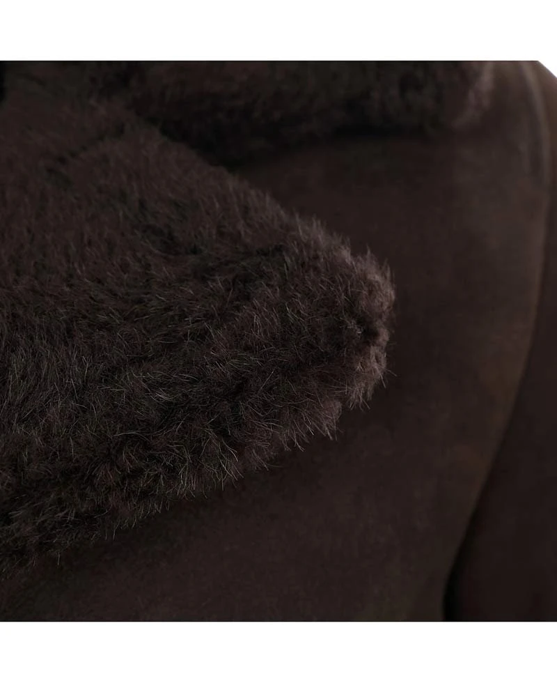 Men's Button Closure Brown Suede Shearling Coat With Fur Collar - Image 5