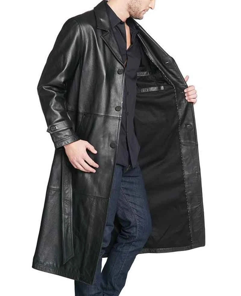 Men's Belted Button Closure Trench Black Leather Coat - Image 5
