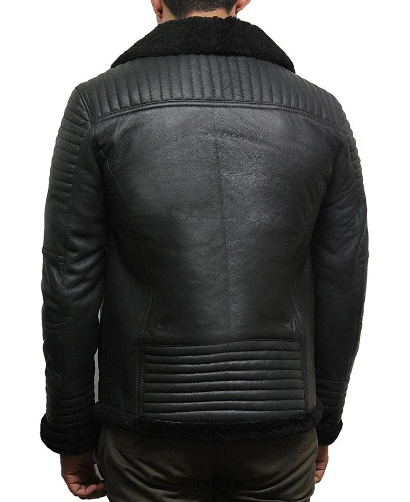 Men's Padded Sleeves Casual Black Leather Sheepskin Jacket - Image 2
