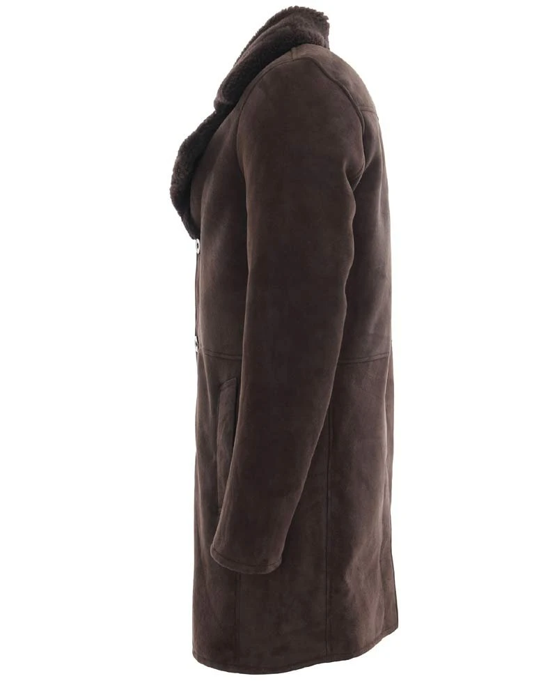 Men's Button Closure Brown Suede Shearling Coat With Fur Collar - Image 2