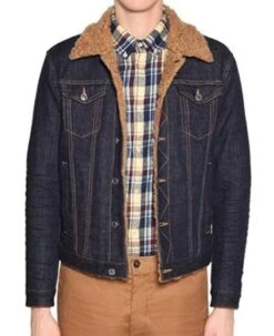 Men's Denim Shearling Shirt Style Jacket With Fur Collar