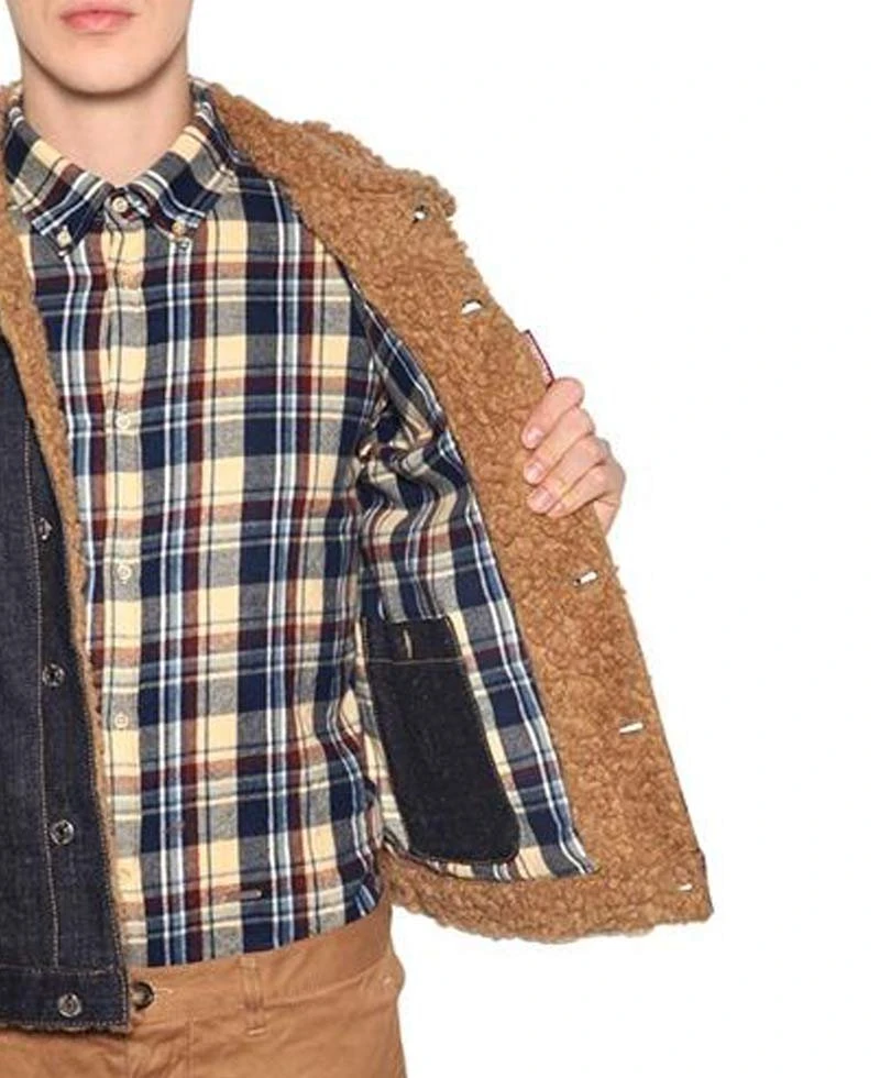 Men's Denim Shearling Shirt Style Jacket With Fur Collar - Image 4