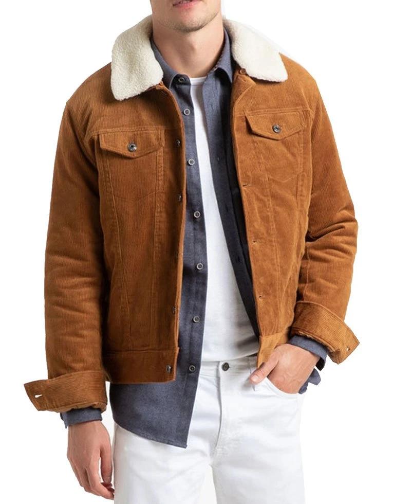 Men's FJ101 Brown Corduroy Faux Shearling Jacket - Image 2