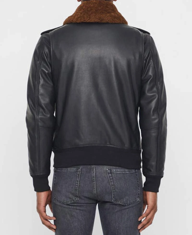Men's Grain Black Leather Bomber Jacket With Brown Faux Fur Collar - Image 7