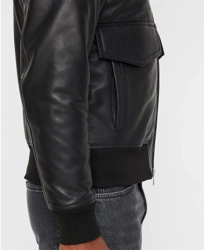 Men's Grain Black Leather Bomber Jacket With Brown Faux Fur Collar - Image 5