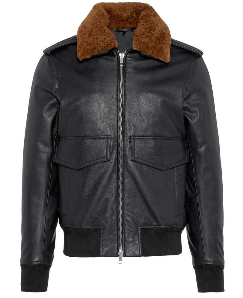 Men's Grain Black Leather Bomber Jacket With Brown Faux Fur Collar - Image 3