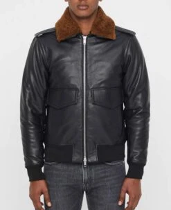 Men's Grain Black Leather Bomber Jacket With Brown Faux Fur Collar