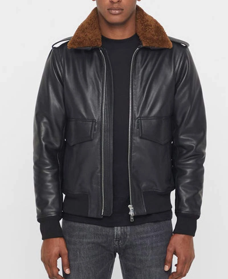 Men's Grain Black Leather Bomber Jacket With Brown Faux Fur Collar - Image 2