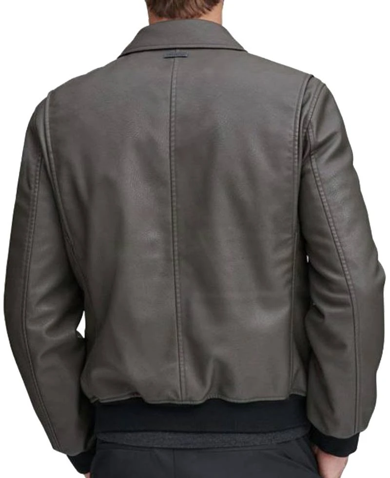 Men's Bomber Flap Pockets Grey Leather Jacket - Image 3
