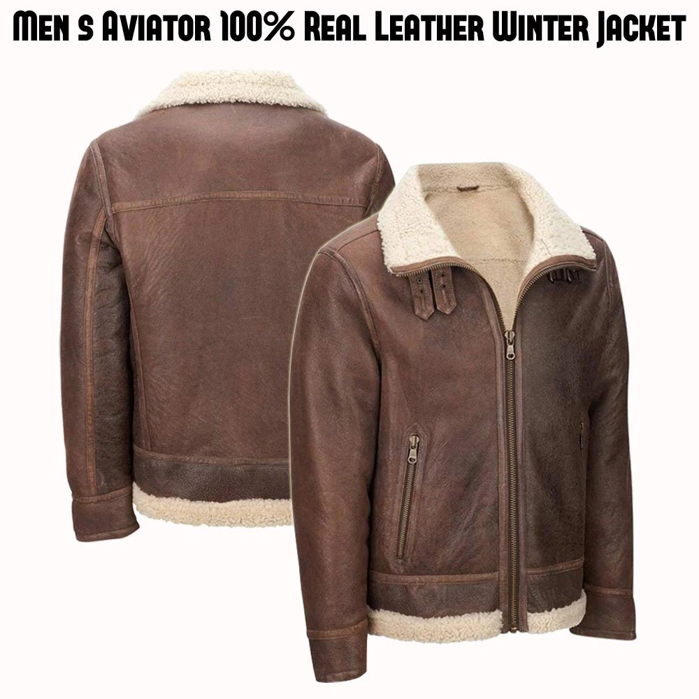 Men's Aviator Faux Shearling Brown Leather Jacket - Image 4