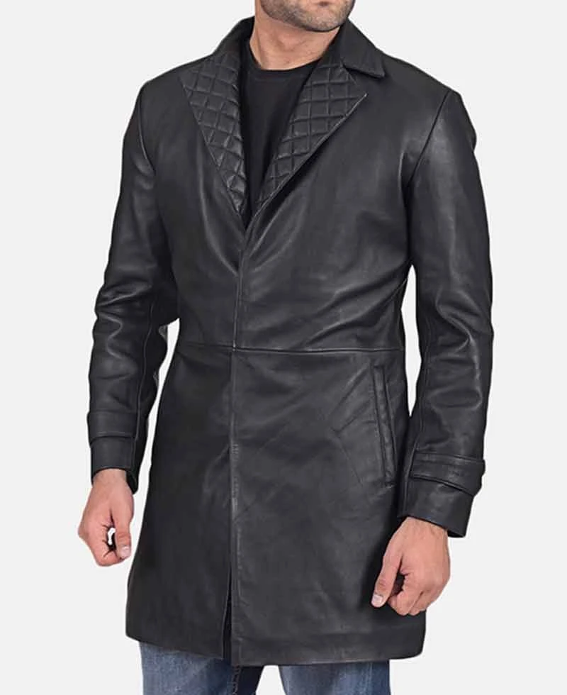 Men's Notch Quilted Collar Black Leather Coat - Image 2