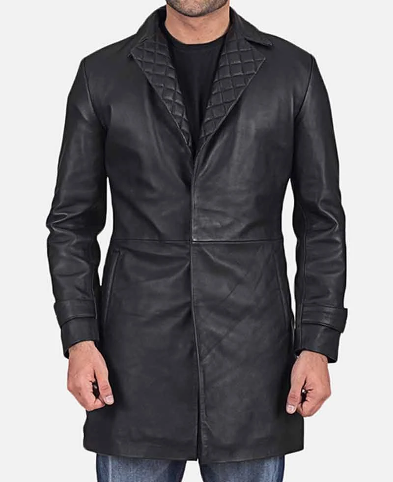 Men's Notch Quilted Collar Black Leather Coat
