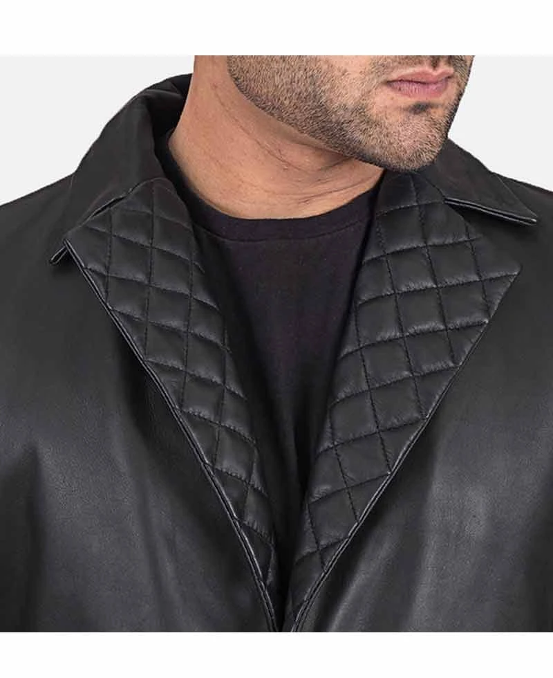 Men's Notch Quilted Collar Black Leather Coat - Image 4