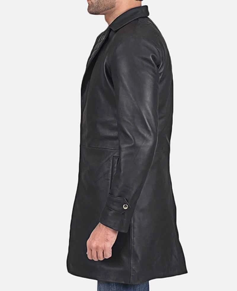 Men's Notch Quilted Collar Black Leather Coat - Image 3