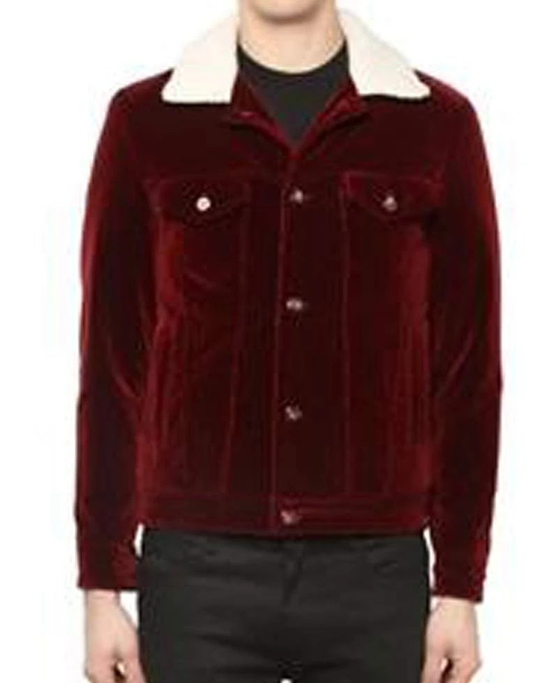 Men's Velvet Red Jacket With Faux Fur Collar - Image 5