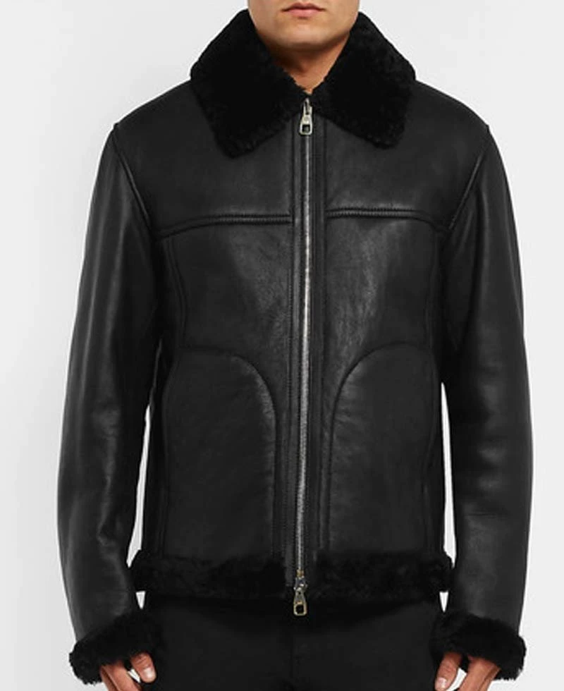 Men's Rocky Shearling Bomber Black Leather Jacket - Image 2
