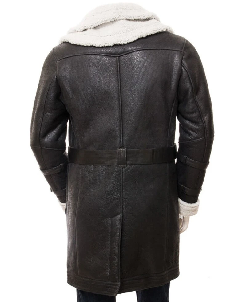 Men's Shearling Double Collar Brown Leather Coat - Image 2
