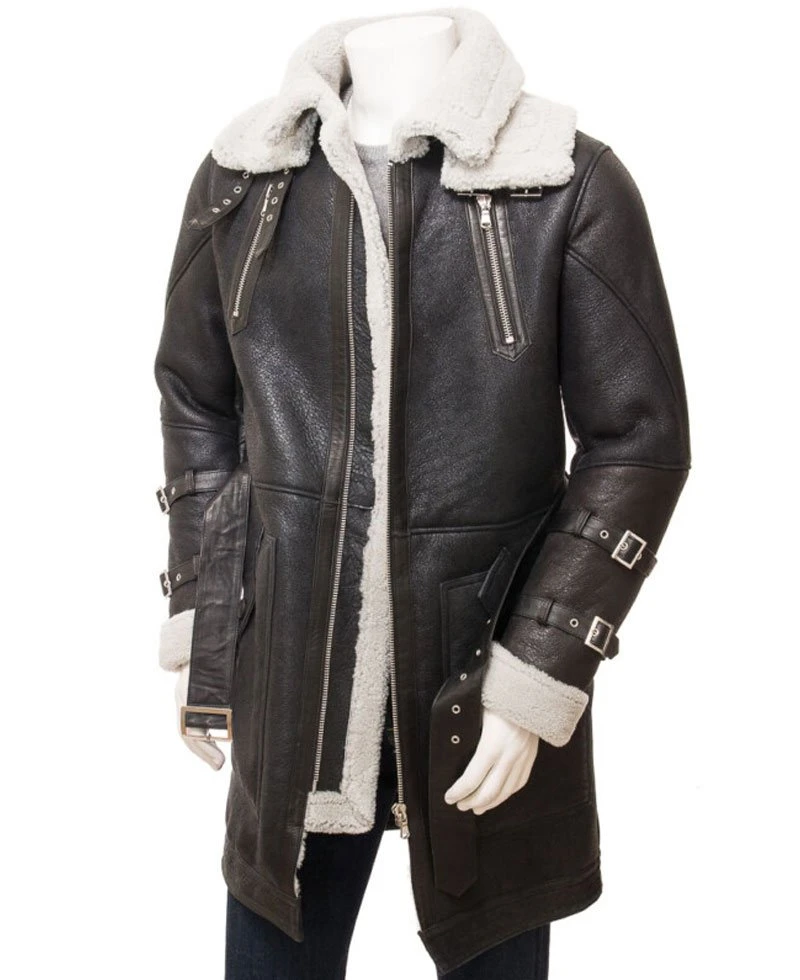 Men's Shearling Double Collar Brown Leather Coat - Image 3