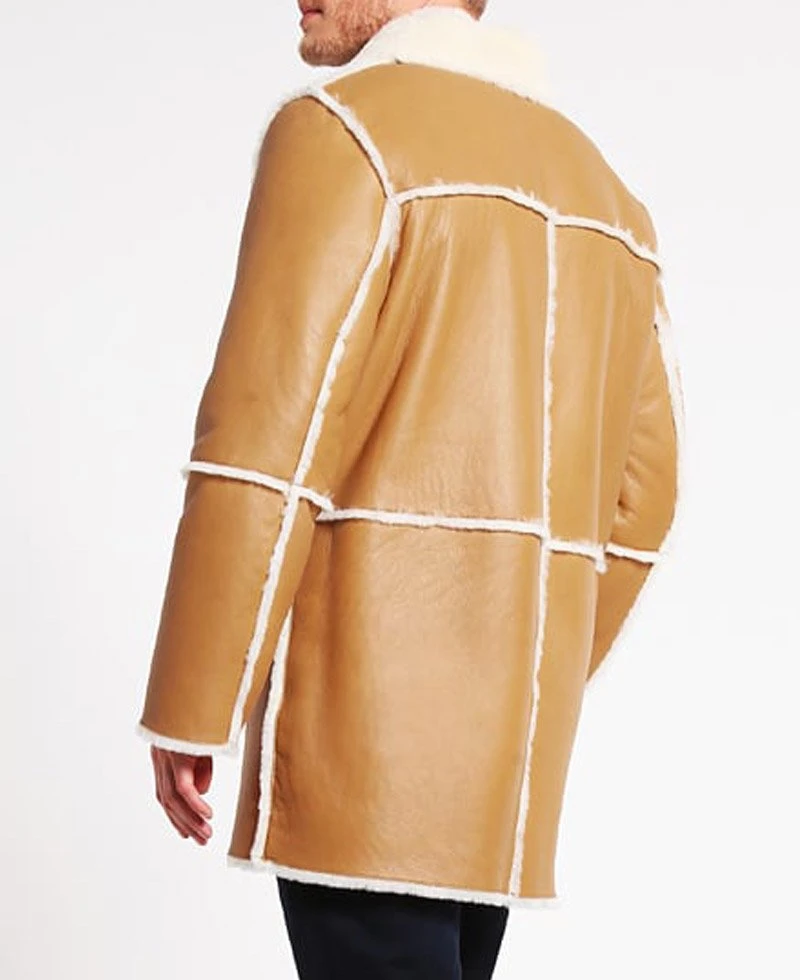 Men's Car Tan Brown Leather Shearling Coat - Image 2