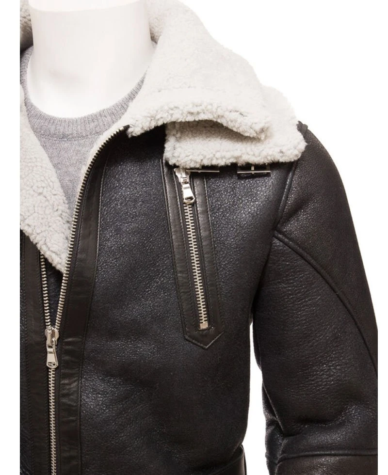 Men's Shearling Double Collar Brown Leather Coat - Image 4