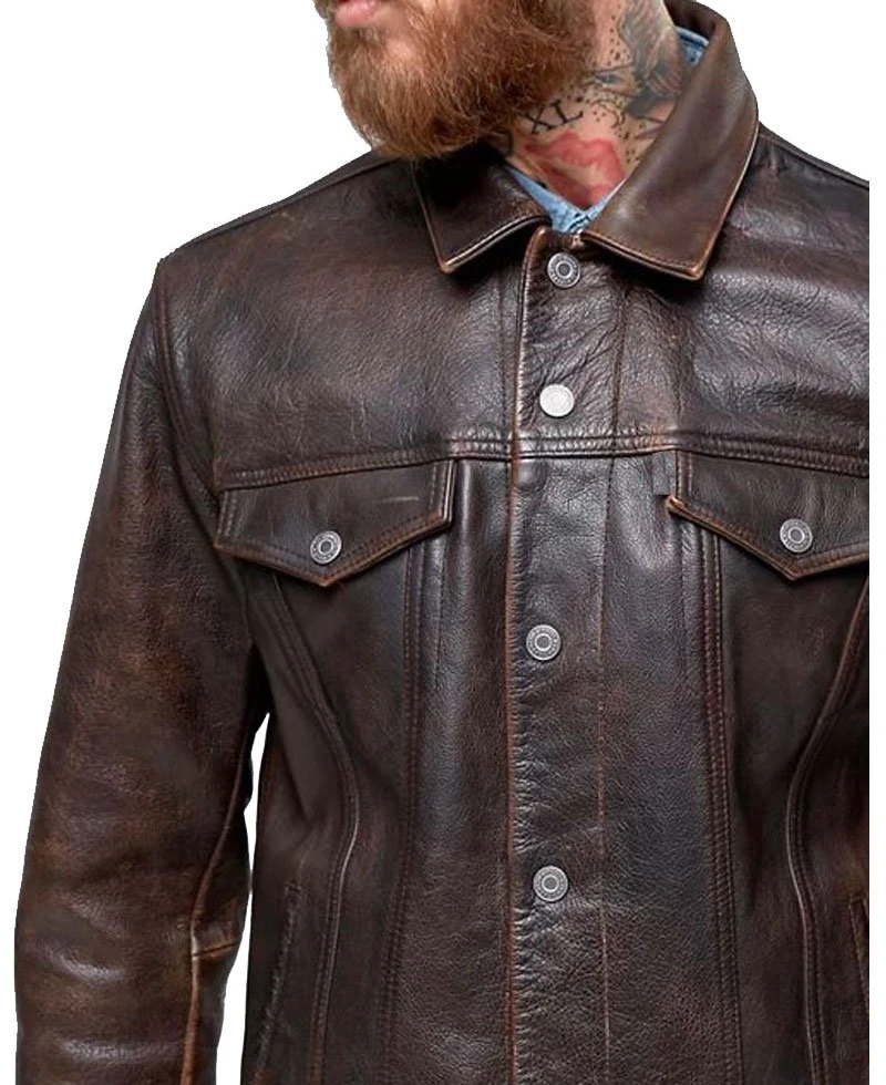 Men's Trucker Rustic Buff Shirt Collar Leather Jacket - Image 4