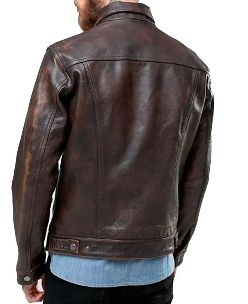 Men's Trucker Rustic Buff Shirt Collar Leather Jacket - Image 3