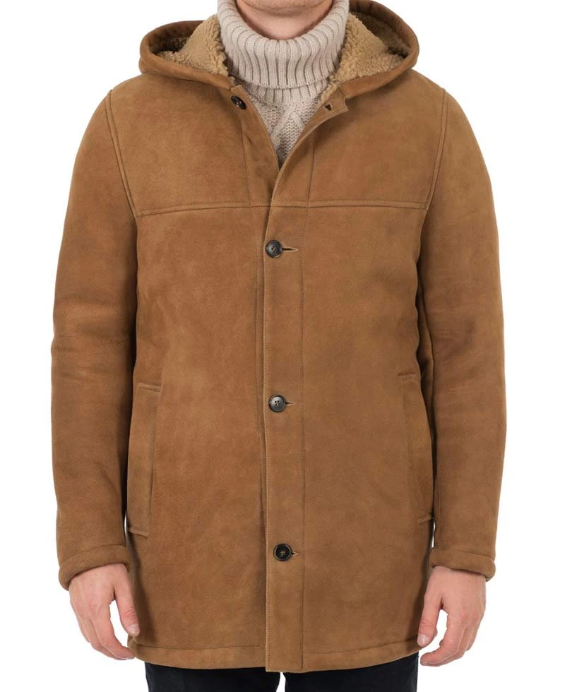 Men's Suede Brown Faux Shearling Coat With Hoodie