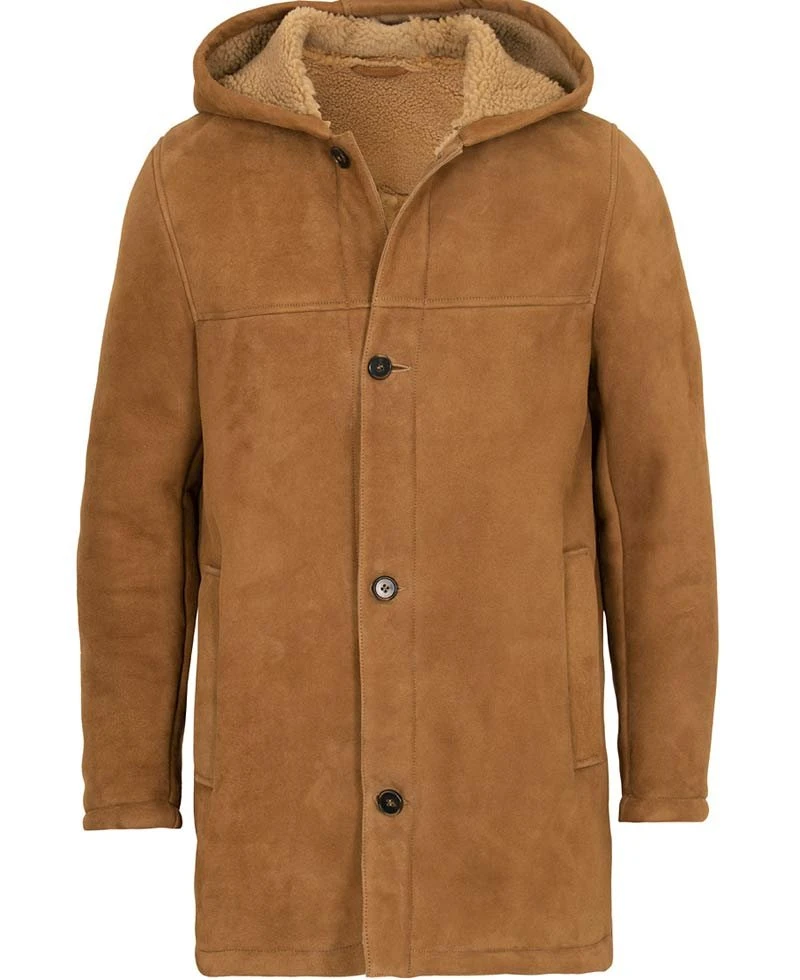 Men's Suede Brown Faux Shearling Coat With Hoodie - Image 2