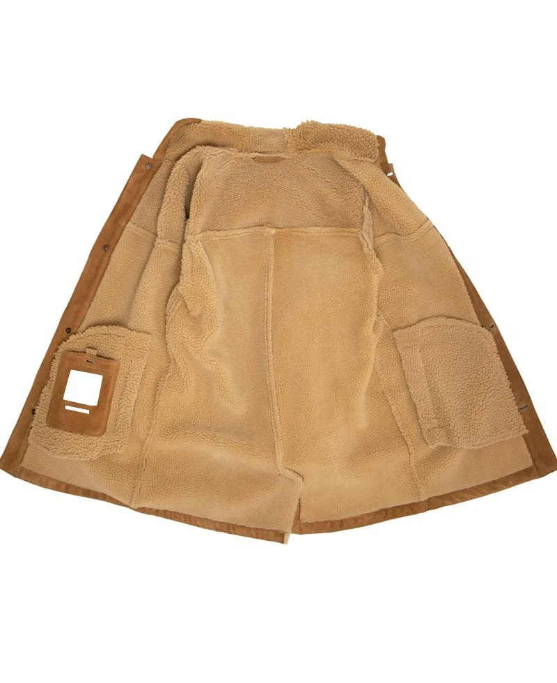 Men's Suede Brown Faux Shearling Coat With Hoodie - Image 5