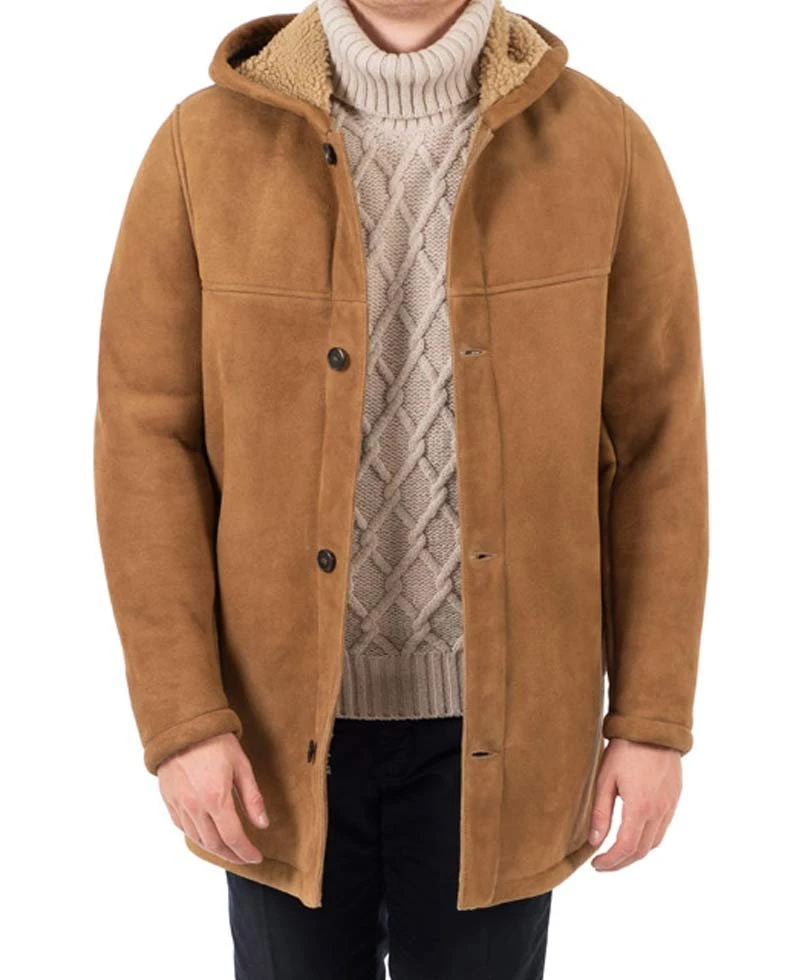 Men's Suede Brown Faux Shearling Coat With Hoodie - Image 3