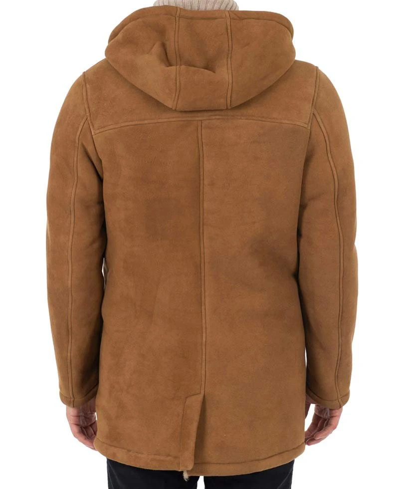 Men's Suede Brown Faux Shearling Coat With Hoodie - Image 8