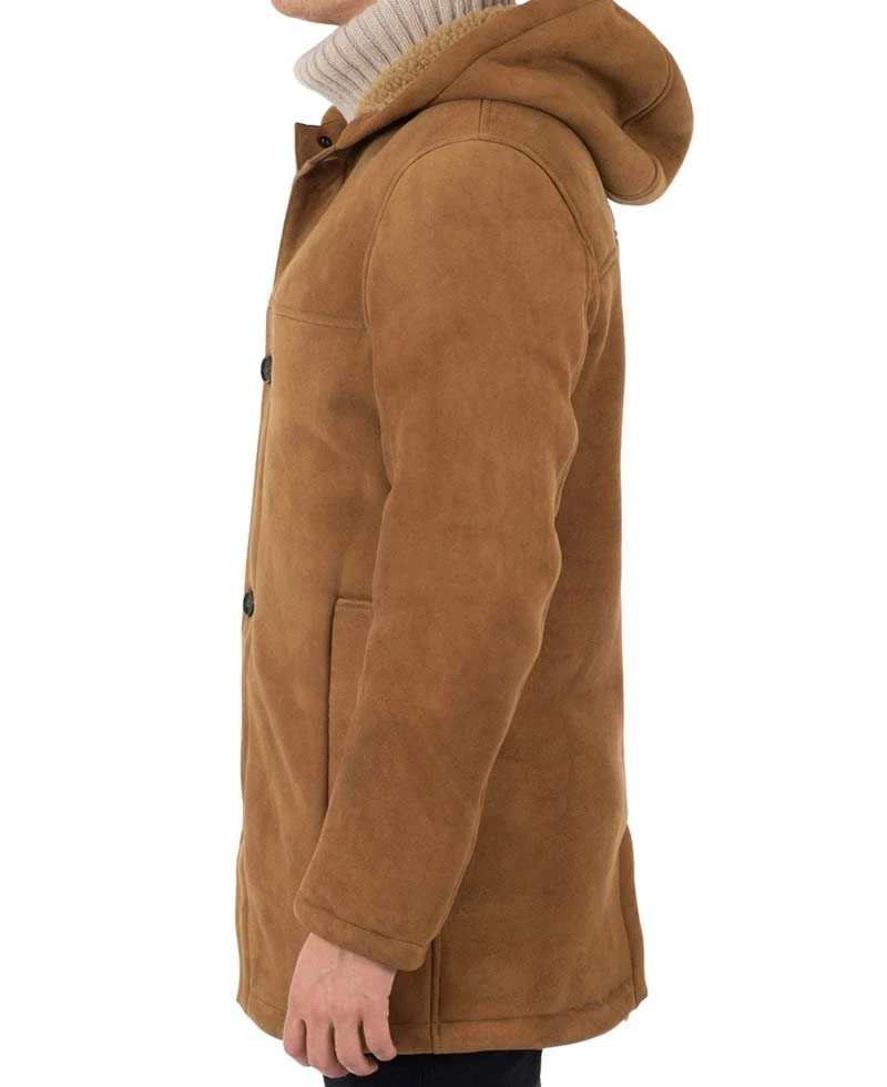 Men's Suede Brown Faux Shearling Coat With Hoodie - Image 4