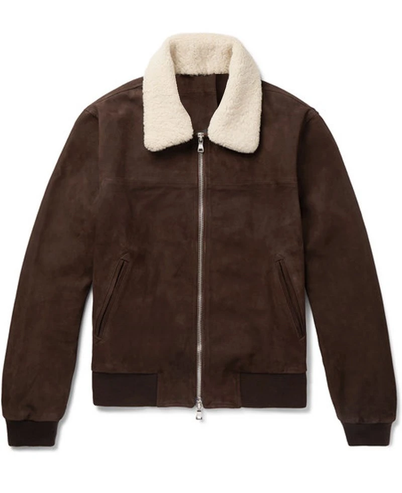 Men's Brown Suede Bomber Shearling Trim Jacket