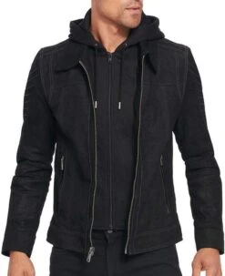 Men's Suede Black Leather Hooded Jacket