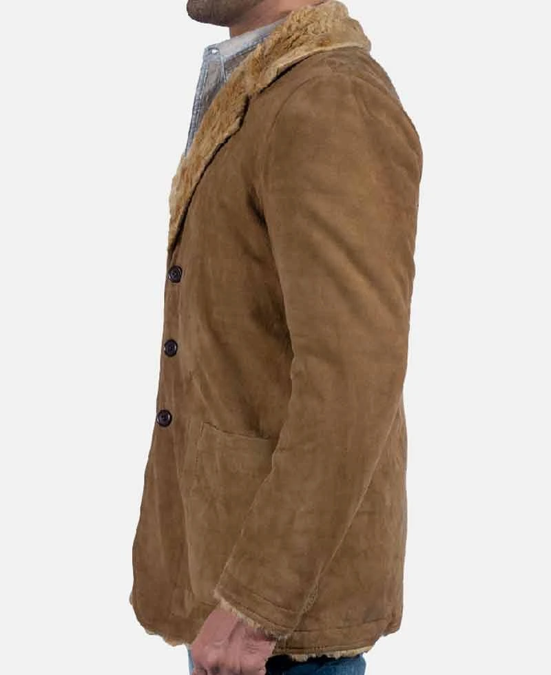 Men's Brown Suede Leather Jacket With Faux Fur - Image 4