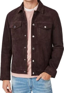 Menโs Suede Trucker Brown Jacket