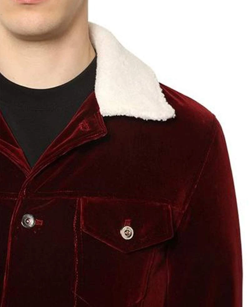 Men's Velvet Red Jacket With Faux Fur Collar - Image 3