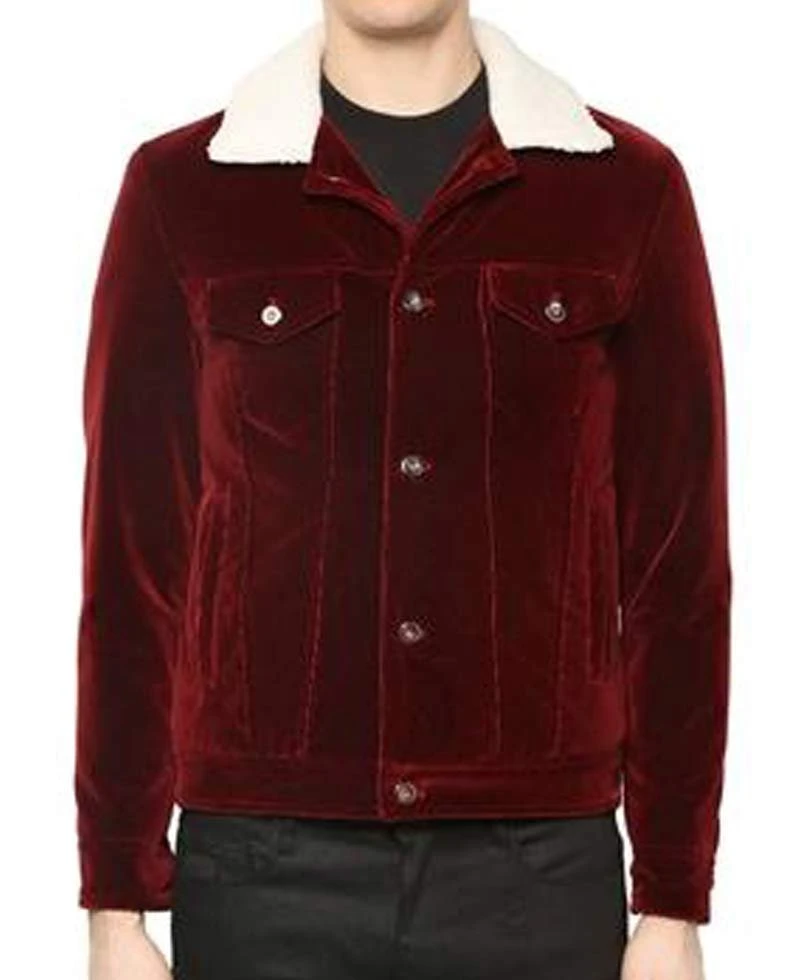 Men's Velvet Red Jacket With Faux Fur Collar