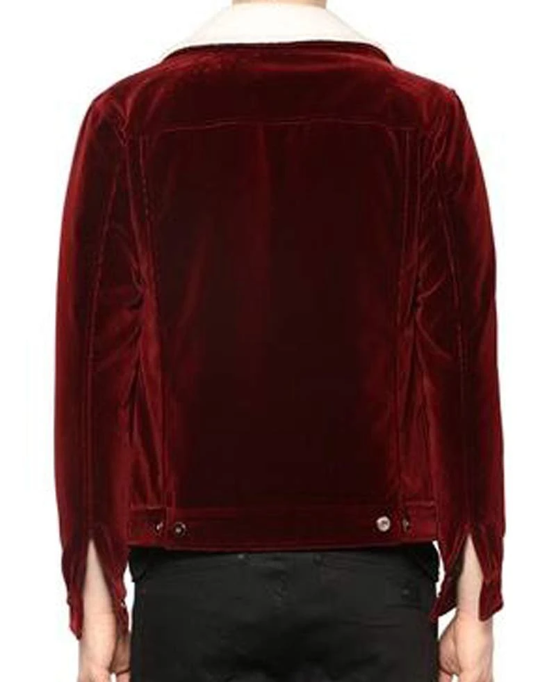 Men's Velvet Red Jacket With Faux Fur Collar - Image 4