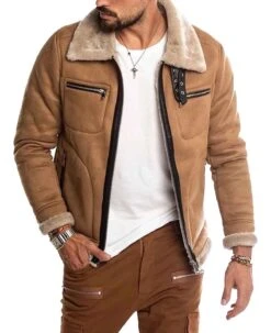 Men's WFJ07 Casual Suede Brown Shearling Jacket