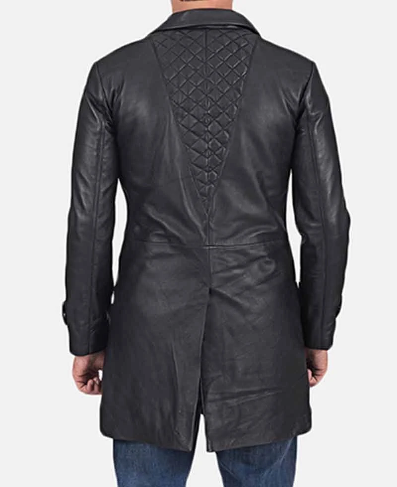 Men's Notch Quilted Collar Black Leather Coat - Image 5