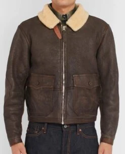 Men's Pilots Shearling Brown Leather Jacket With Fur Collar