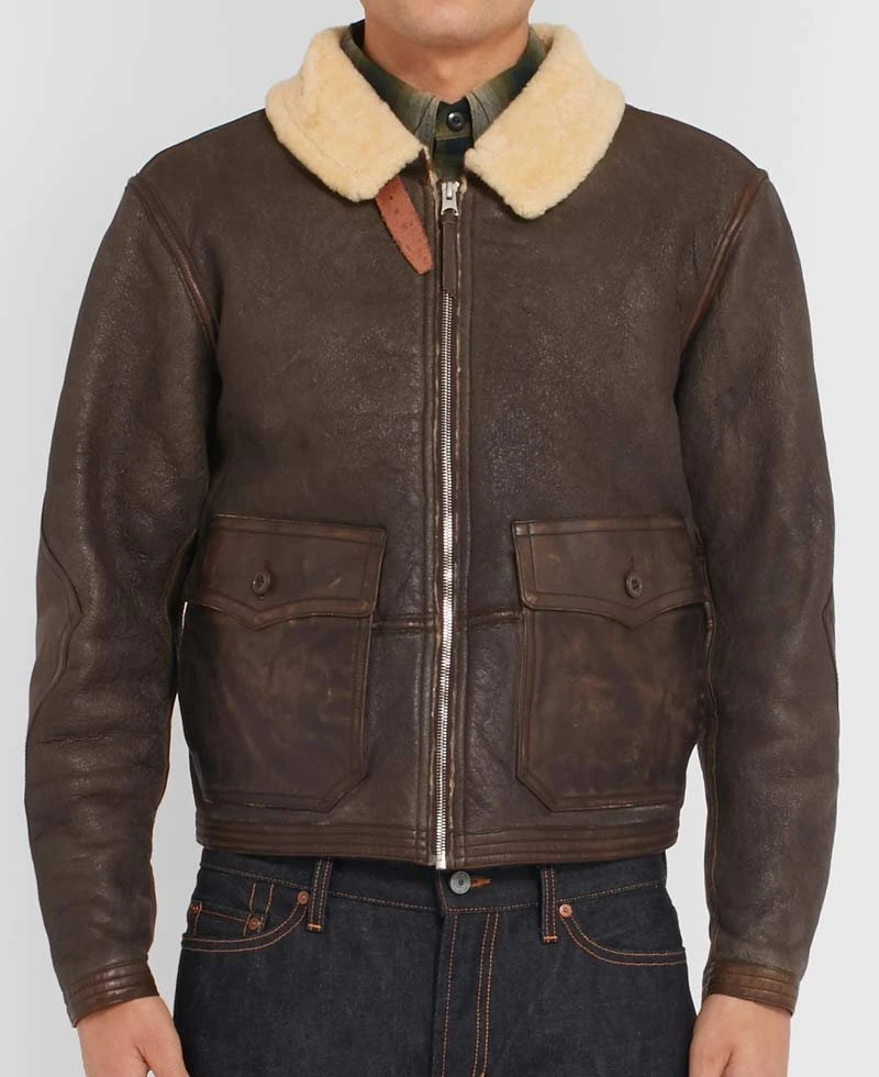 Men's Pilots Shearling Brown Leather Jacket With Fur Collar