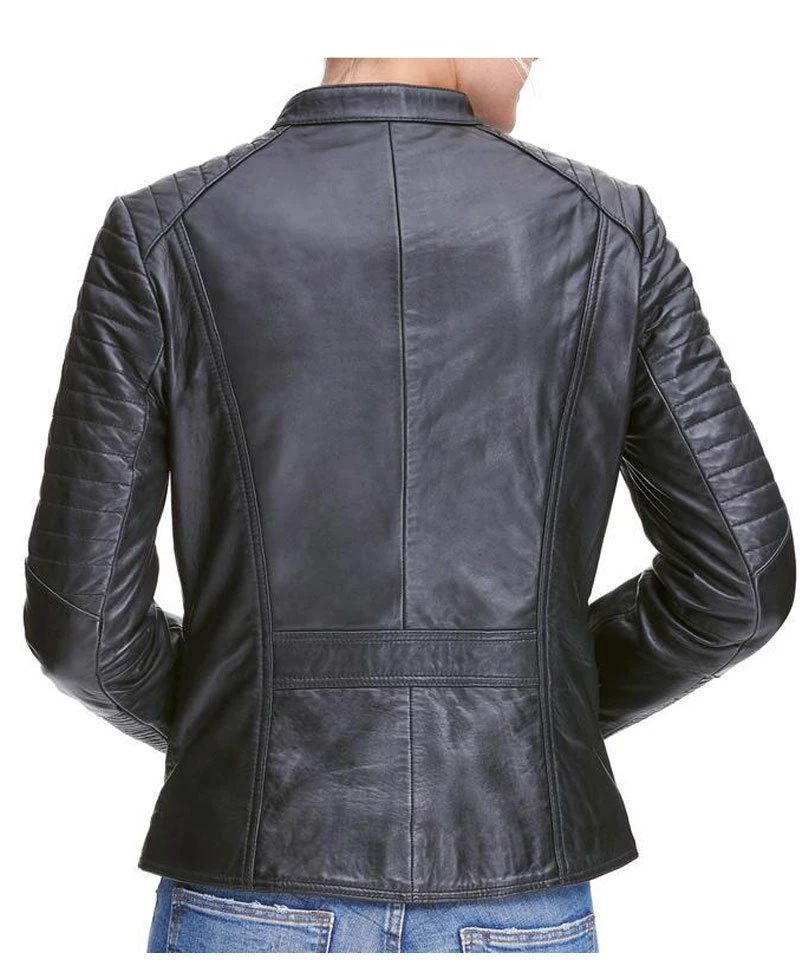 Womens Quilted Design Biker Asymmetrical Black Leather Jacket - Image 5