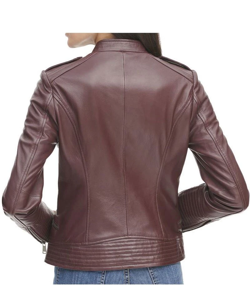 Women's Quilted Design Asymmetrical Burgundy Leather Jacket - Image 5