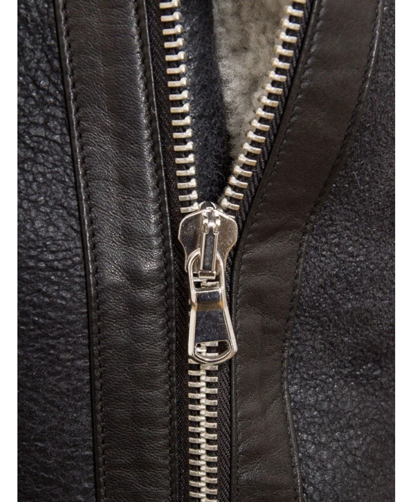 Men's Shearling Double Collar Brown Leather Coat - Image 5